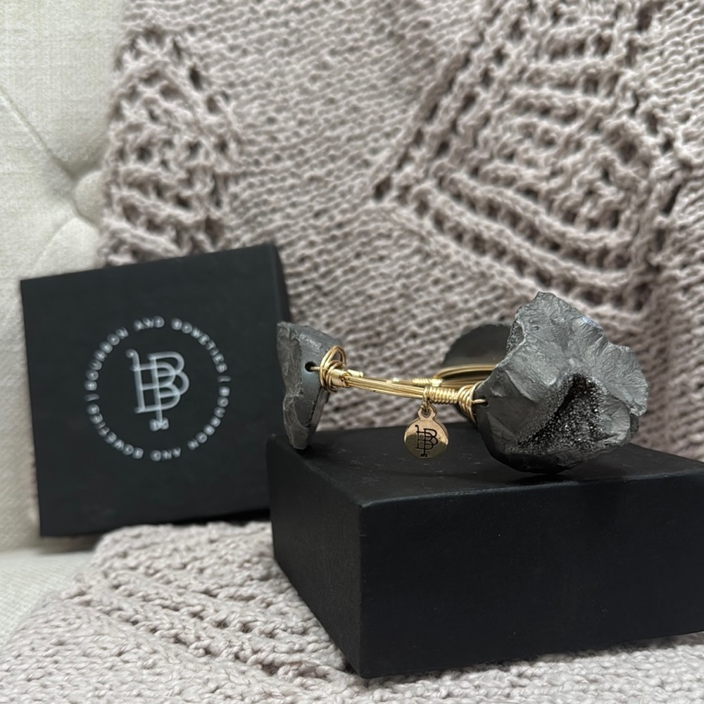 Bourbon and Boweties Gold and Gray Stone Cuff Bracelet on exposed gold wire